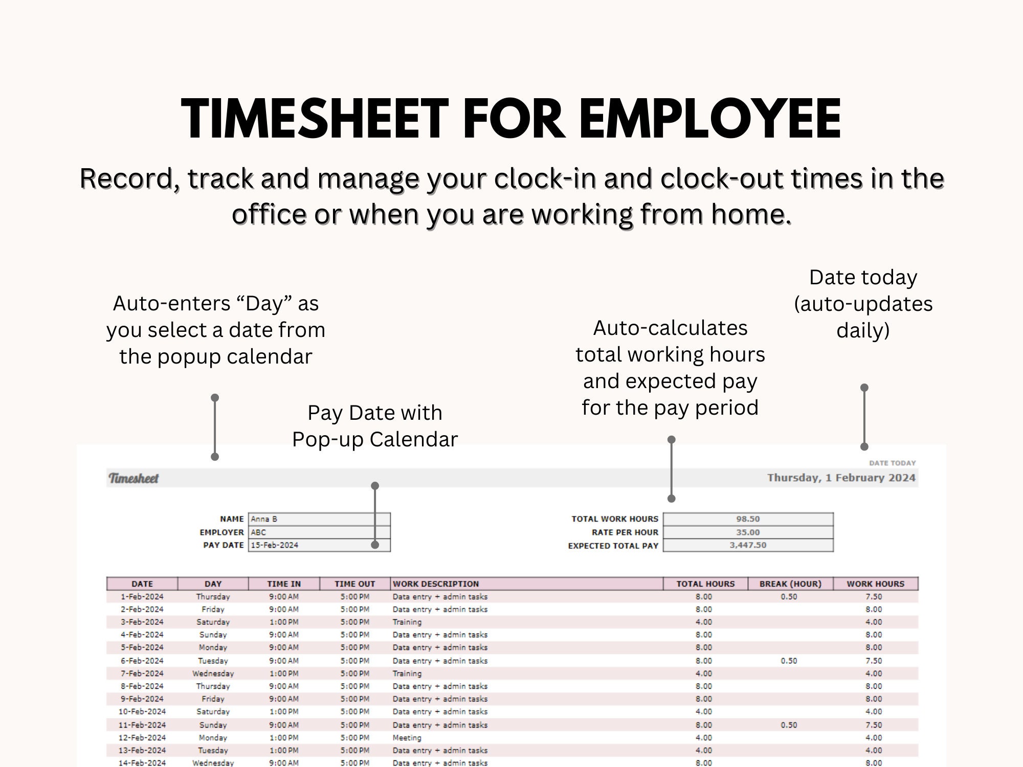 Weekly Timesheet, Clock in Clock Out Tracker, Employee Time Tracker, Freelancer Work Time