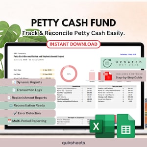 Könnte beinhalten: Ein digitaler Petty Cash Fund Tracker auf einem Laptop-Bildschirm mit einem Abstimmungsbericht, dynamischen Diagrammen und Transaktionsprotokollen. Die Benutzeroberfläche enthält Textbeschriftungen für dynamische Berichte und Fehlererkennung.
