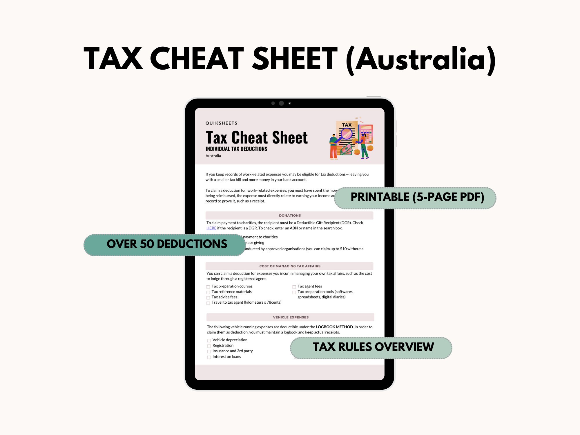 Tax Deductions Tracker Notion Template for Individuals, Tax Cheat Sheet