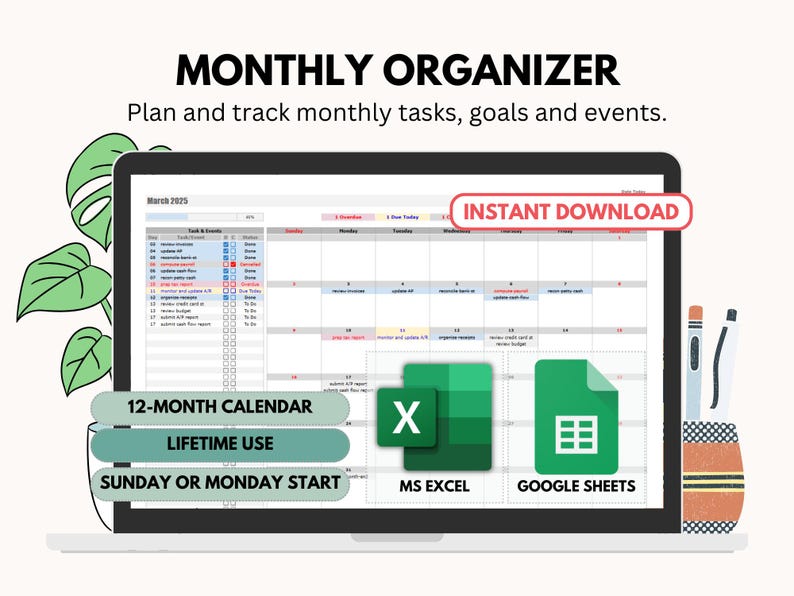 Monthly Calendar Planner - Google Sheets & Excel Templates (digital ...