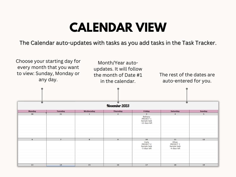 Task Tracker Google Sheets With Calendar View, to Do List Task Planner ...