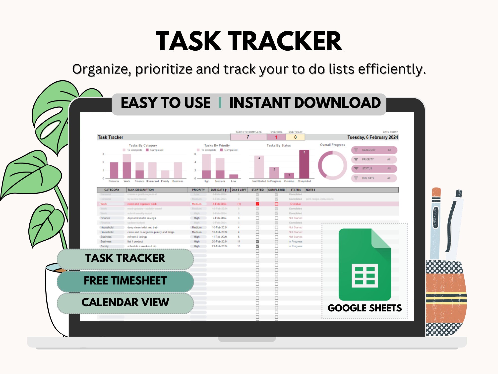 Task Tracker Google Sheets With Calendar View, to Do List Task Planner ...
