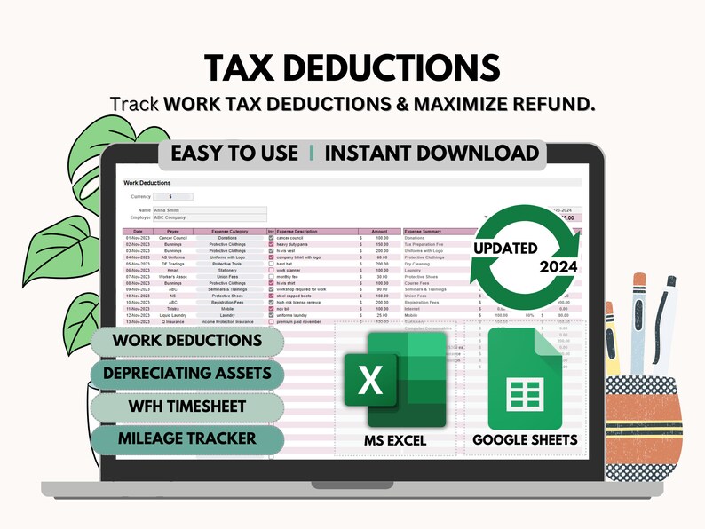 Tax Deductions Tracker Spreadsheet for Google Sheets and MS Excel