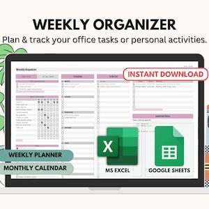 Könnte beinhalten: Ein Laptop-Bildschirm zeigt eine Vorlage für einen Wochenplaner mit einem rosa und grauen Farbschema. Die Vorlage enthält Abschnitte für wöchentliche Aufgaben, einen Zeitplan, eine To-Do-Liste und einen Monatskalender. Der Text "INSTANT DOWNLOAD" wird in Rot angezeigt. Die Vorlage ist sowohl im Microsoft Excel- als auch im Google Sheets-Format verfügbar.