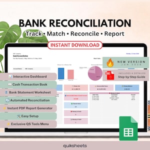 May include: A laptop screen displaying a Bank Reconciliation spreadsheet with the text Track, Match, Reconcile, Report, and Instant Download. Features include an Interactive Dashboard, Cash Transaction Book, Bank Statement Worksheet, Automated Reconciliation, Instant PDF Report Generator, Easy Setup, and Exclusive QS Tools Menu.