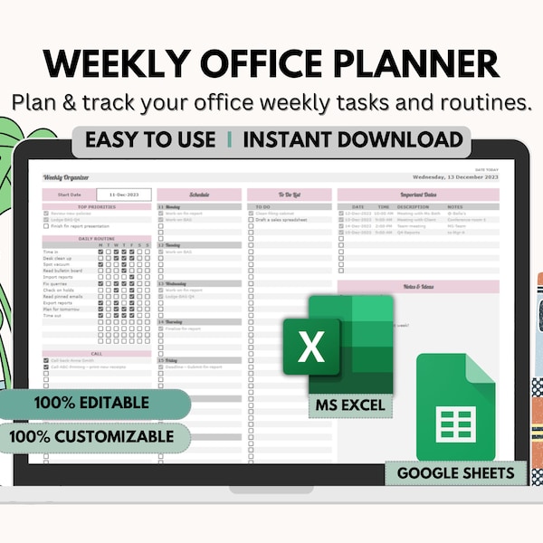 Weekly Office Planner, Employee Work Schedule, Weekly Office Organizer, To Do List Tracker, Task Tracker Spreadsheet, Google Sheets MS Excel