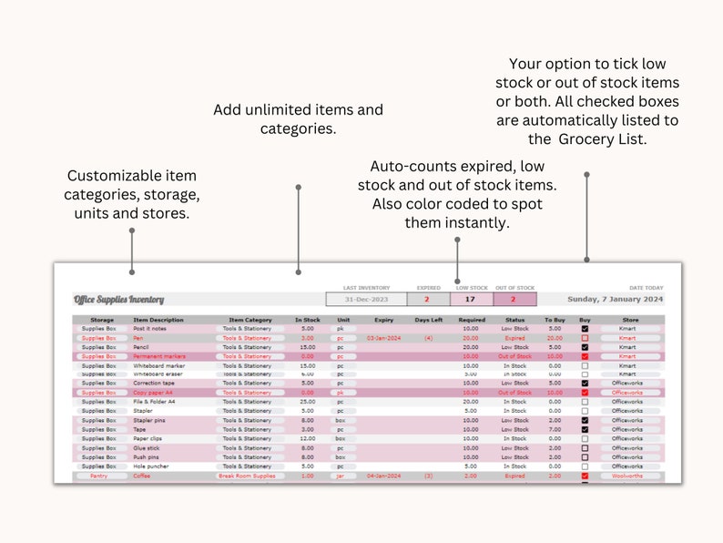 Office Supplies Inventory List Tracker, Business Office Supplies