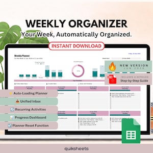 May include: A digital weekly organiser displayed on a laptop screen featuring a planner interface with charts, progress circles, and task lists. Text includes WEEKLY ORGANISER, Your Week, Automatically Organised, INSTANT DOWNLOAD, and feature labels.