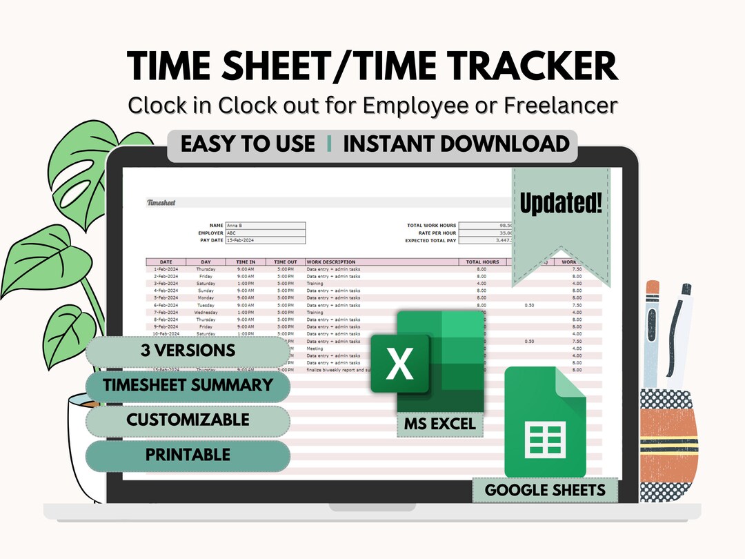 Weekly Timesheet, Clock in Clock Out Tracker, Employee Time Tracker, Freelancer Work Time