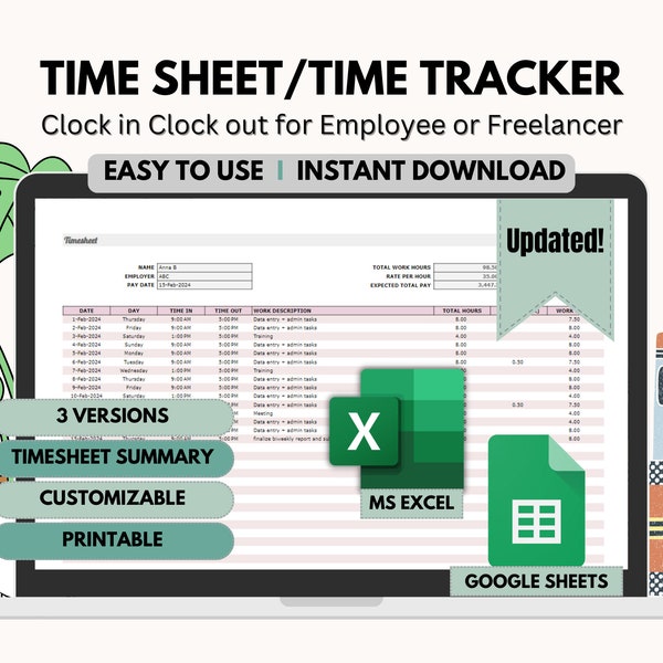 Weekly Timesheet, Clock in Clock out Tracker, Employee Time Tracker, Freelancer Work Time Tracking, Simple Timesheet Google Sheets MS Excel