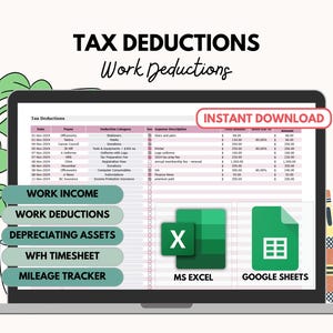 Tax Deduction Tracker - Google Sheets & Excel Template for Employees or Freelancers | Tax Preparation and Itemized Expense Tracker