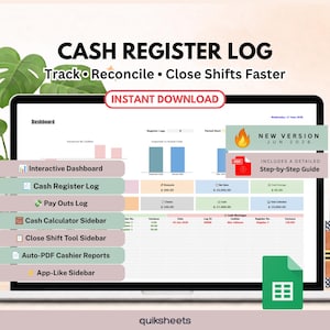 Könnte beinhalten: Eine digitale Kassenbuch-Tabellenkalkulation auf einem Laptop-Bildschirm. Die Benutzeroberfläche bietet ein interaktives Dashboard, ein Auszahlungsprotokoll, einen Kassenrechner und Auto-PDF-Berichtstools. Der Text umfasst CASH REGISTER LOG, Track Reconcile Close Shifts Faster, INSTANT DOWNLOAD, NEW VERSION JUN 2026 und INCLUDES A DETAILED Step-by-Step Guide.