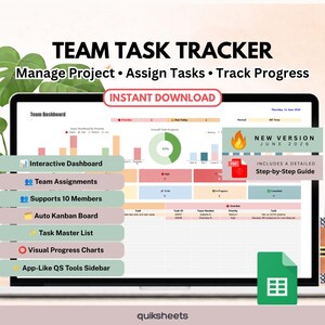 May include: A digital Team Task Tracker dashboard displayed on a laptop screen. The interface features project management tools, including an interactive dashboard, team assignments, an auto Kanban board, a task master list, and visual progress charts. Text includes 'TEAM TASK TRACKER', 'Manage Project', 'Assign Tasks', 'Track Progress', 'INSTANT DOWNLOAD', 'NEW VERSION JUNE 2026', and 'INCLUDES A DETAILED Step-by-Step Guide'.