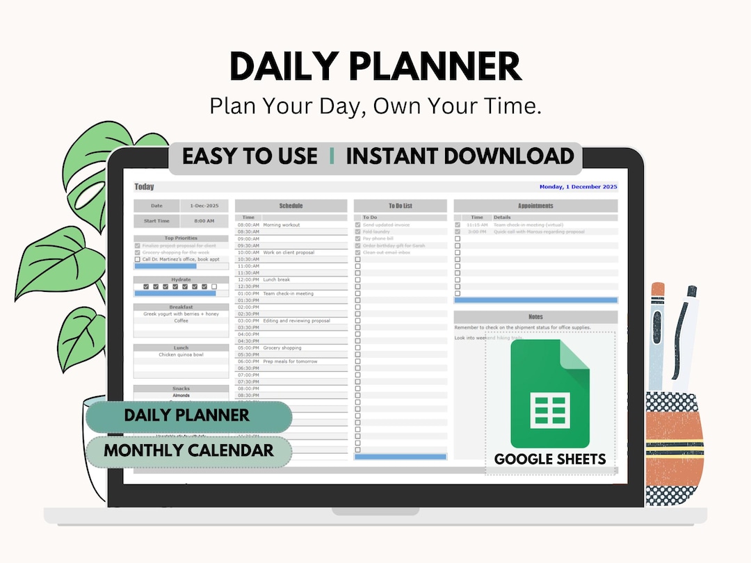 Daily Planner Template for Google Sheets | Easy to Use | Digital ...