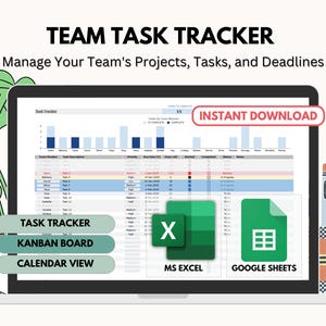 以下が含まれることがあります： チームタスクトラッカーというラベルが付けられたスプレッドシートが表示されたラップトップの画面。スプレッドシートには、タスクの説明、優先度、期日、ステータスという列があります。スプレッドシートには、タスクトラッカー、カンバンボード、カレンダービューというラベルも付けられています。画面には、MS Excelというテキストが書かれた緑色の「X」と、Google Sheetsというテキストが書かれた緑色のグリッドも表示されています。INSTANT DOWNLOADというテキストが赤いボックスに入っています。