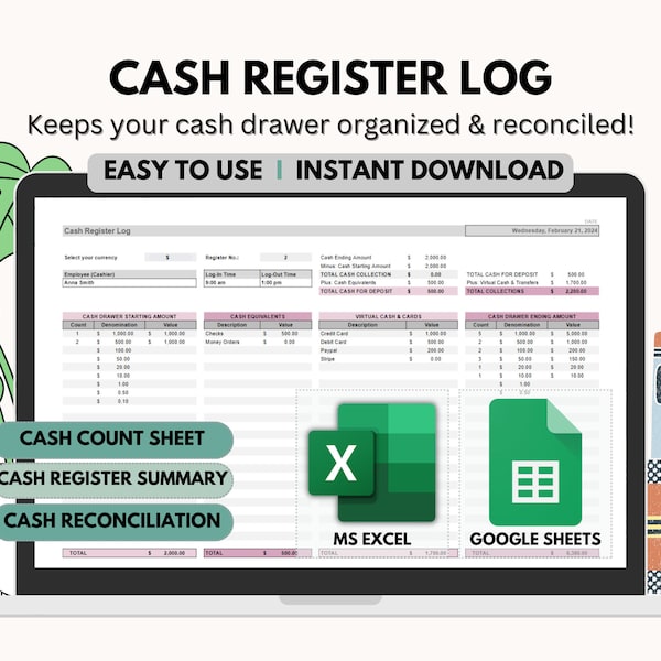 Cash Register Log, Cash Drawer Reconciliation, Cash Count Sheet, Point of Sale, Till Report, Cash Count Breakdown Template, Google Sheets