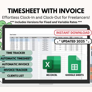 Freelancer Timesheet with Invoice Template: Clock In/Out Tracker (Digital Download)