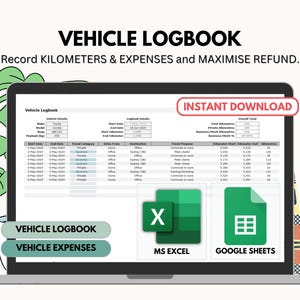 Motor Vehicle Logbook, Australia Tax Refund, Tax Deductions Tracker Google Sheets and Excel Template, Kilometer or Mileage Tracker