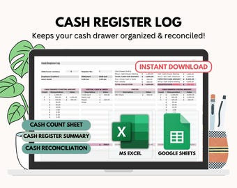 Registro de caja registradora - Plantillas de Hojas de cálculo de Google y Excel (Descarga digital)
