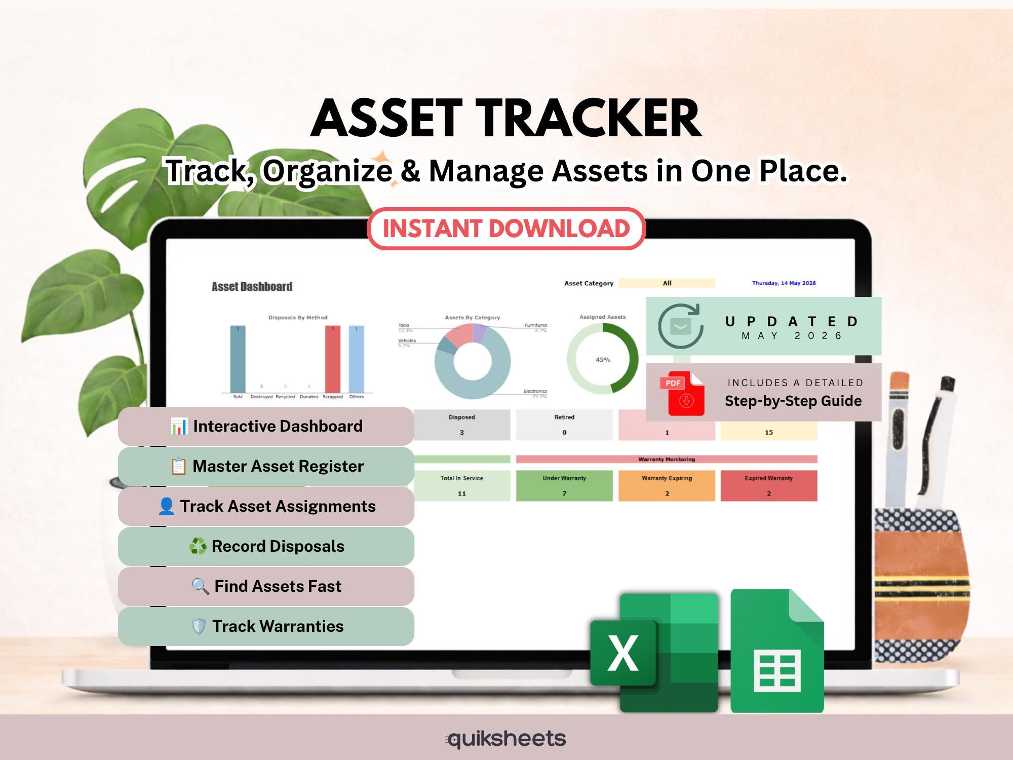 Asset Tracker Spreadsheet Asset Management Template for Google Sheets & Excel (Digital Download)