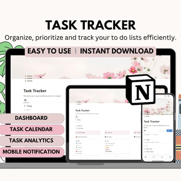 Task Tracker Notion, To do List Notion Template, Task Management Notion Planner, Aesthetic Notion Dashboard, Online Planner for Tasks