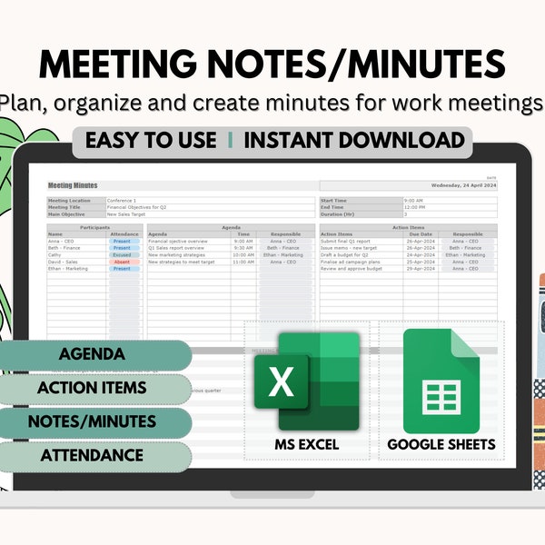 Work Meeting Minutes Template, Business Meeting Notes, Meeting Agenda and Action Items, Attendance Tracker, Meeting Summary
