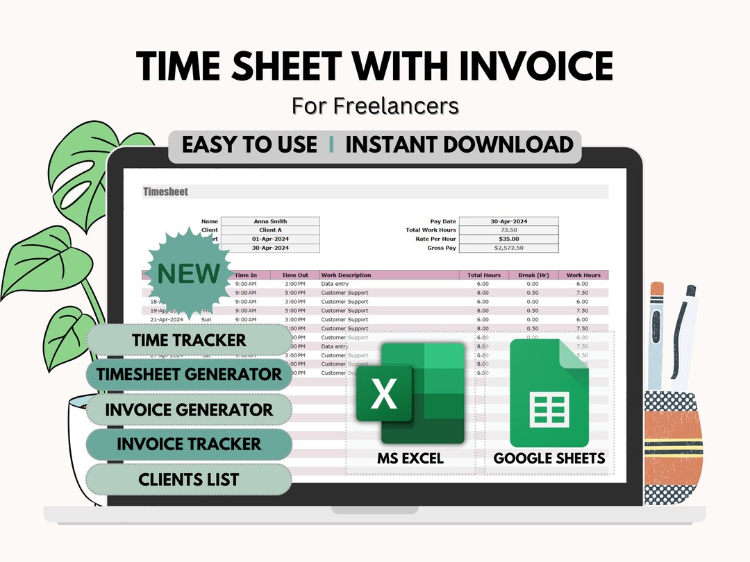 Timesheet With Invoice and Clients List, Clock in Clock Out Tracker ...