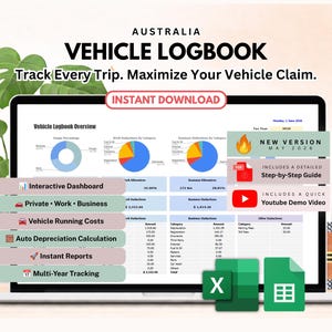 May include: An Australia vehicle logbook digital template displayed on a laptop screen, featuring an interactive dashboard, pie charts, and expense tracking categories. Includes text: AUSTRALIA VEHICLE LOGBOOK, Track Every Trip. Maximize Your Vehicle Claim, INSTANT DOWNLOAD, NEW VERSION MAY 2026, and icons for Excel and Google Sheets.