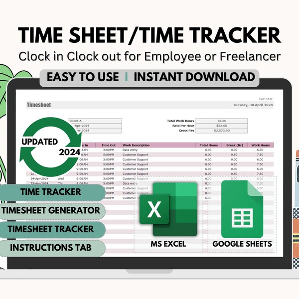 Feuille de temps hebdomadaire, suivi des heures d'arrivée et des sorties, suivi du temps des employés, suivi du temps de travail des indépendants, feuille de temps simple Google Sheets MS Excel