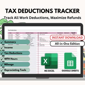 Rastreador de deducciones fiscales, ingresos y gastos - Plantilla de Hojas de cálculo de Google y Excel (Descarga digital)