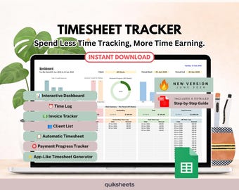 Può includere: Una dashboard digitale per il monitoraggio dei fogli presenze visualizzata sullo schermo di un portatile. L'interfaccia presenta grafici, un elenco clienti, un tracker delle fatture e un tracker dell'avanzamento dei pagamenti. Il testo include Timesheet Tracker e New Version June 2026.