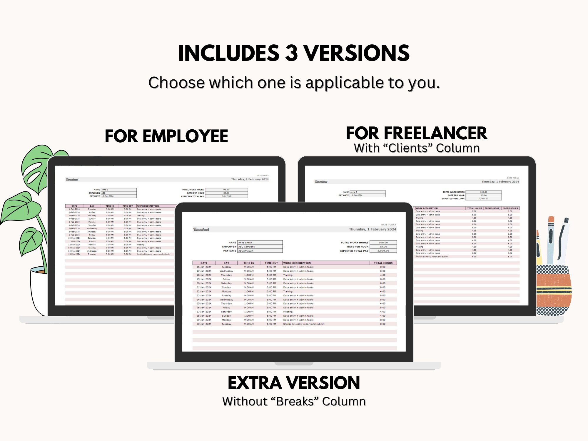 Weekly Timesheet, Clock in Clock Out Tracker, Employee Time Tracker, Freelancer Work Time