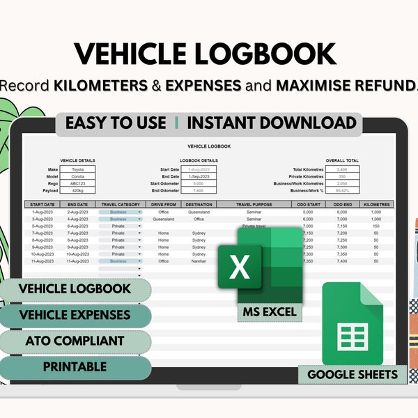 Motor Vehicle Logbook, Australia Tax Refund, Tax Deductions Tracker Google Sheets and Excel Template, Kilometer or Mileage Tracker