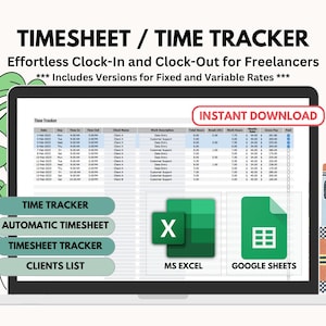 Planilha de Horas para Freelancers, Controle de Entrada/Saída - Modelos do Google Sheets e Excel (Download Digital)