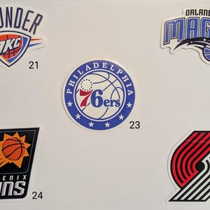 May include: A collection of ten NBA team logos, including the Oklahoma City Thunder, Orlando Magic, Philadelphia 76ers, Phoenix Suns, and Portland Trail Blazers. The logos are printed on white paper with black numbers indicating their order.