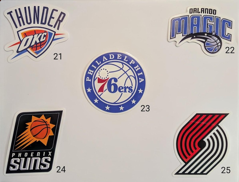 May include: A collection of ten NBA team logos, including the Oklahoma City Thunder, Orlando Magic, Philadelphia 76ers, Phoenix Suns, and Portland Trail Blazers. The logos are printed on white paper with black numbers indicating their order.