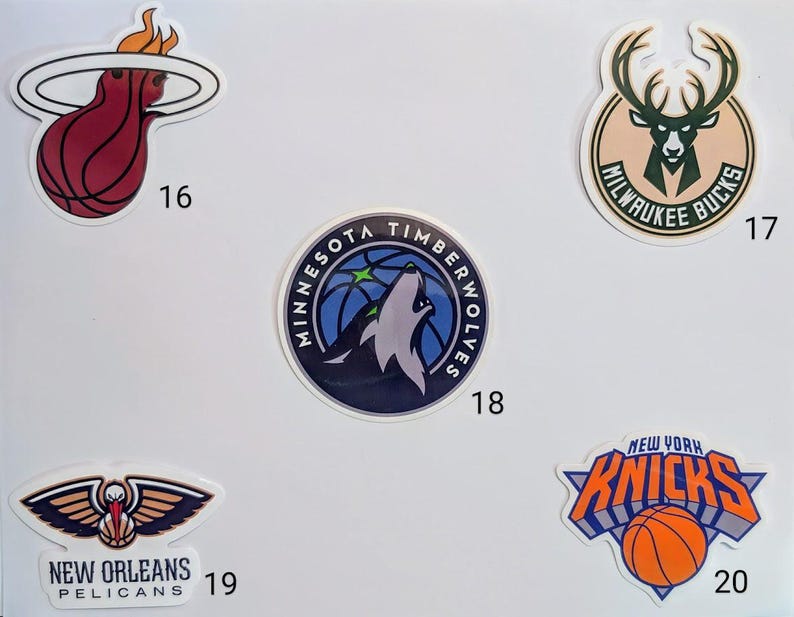 May include: A collection of 10 NBA team logos, including the Miami Heat, Milwaukee Bucks, Minnesota Timberwolves, New Orleans Pelicans, and New York Knicks.