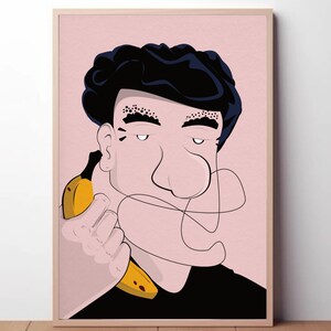 Banana Phone Confusion wydrukowana sztuka ścienna - wyjątkowy, zabawny, dziwny odłączony rysunek liniowy - dziwny, żywy, ilustrowany wydruk