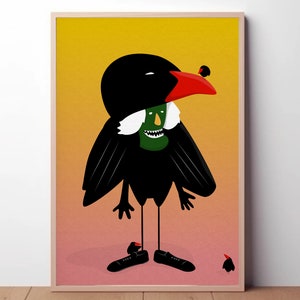 Impresión de disfraz de pájaro - Duende verde único - Investigación del pájaro negro - Arte de pared impreso con estilo extraño y funky - Tipo de aspecto genial