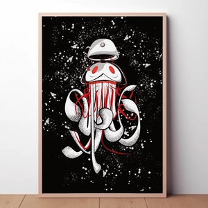 Deep-Sea Squid Unique Printed Illustration | Vibrant Mechanical Underwater Robot Creature, Original Stylish Wall Art