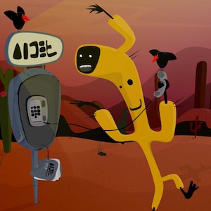 Cactus Invader Print - Pustynny krajobraz Kaktus Marauding Telefoniczne szaleństwo Hullabaloo - Czarny Ptak Fiasco - Unikalne dziwne południowo-zachodnie klimaty