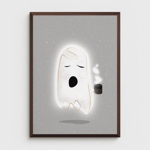 Sleepy Coffee Ghost Unique Original Printed Wall Art, Cute Spooky Spirit Wall Decor, Fun, Stylish, Potentially Haunted