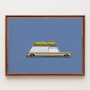 Stampa di Banana Wagon, auto retrò funky, divertente, unica, vintage, originale, illustrazione di automobili