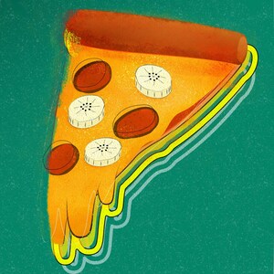 Arte mural impreso de pizza de plátano: decoración del hogar ilustrada divertida, deliciosa, divertida, única y extraña: vibraciones de arte pop potencialmente desagradables
