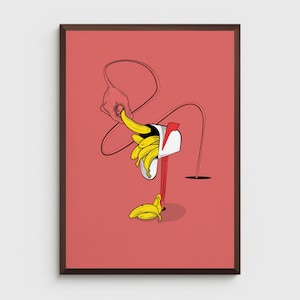 Stampa di una cassetta postale a forma di banana - Decorazione per la casa originale illustrata, elegante, strana e di alta qualità - Immagine unica, funky, retrò, dei cartoni animati