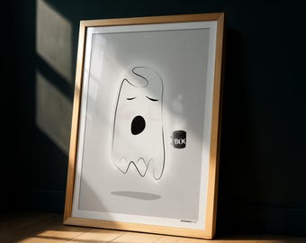 Sleepy Coffee Ghost Art Print - Spooky Kitchen Artwork