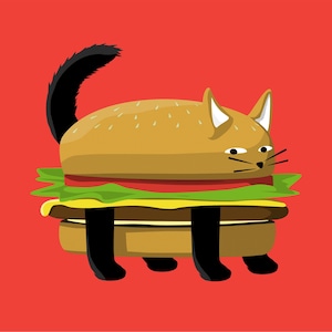 Arte de pared con estampado de gato hamburguesa con queso: decoración para el hogar con ilustraciones de comida rápida felina, divertida, vibrante y original. Regalo de cocina para amantes de los gatos.