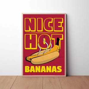 Impresión de plátanos picantes: arte de pared único, peculiar y divertido. Decoración del hogar ilustrada. Rojo, verde, brillante, divertido, retro, aleatorio y elegante.