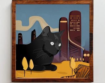 May include: A framed square art print featuring a large black cat resting in the foreground. The background depicts a stylized cityscape with tall dark brown buildings, yellow glowing windows, and a golden landscape under a blue sky.