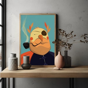 Puede incluir: Una ilustración de dibujos animados de un pájaro con un parche en un ojo, que lleva una chaqueta azul con botones y sostiene una pipa. El pájaro tiene un pico amarillo y plumas naranjas. El fondo es de color azul claro.